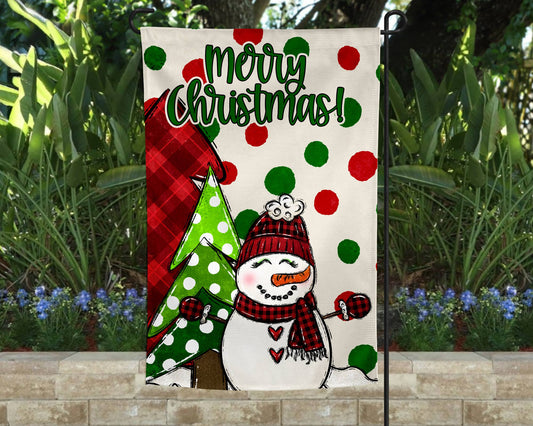 Garden Flag: Merry Christmas Snowman and Trees