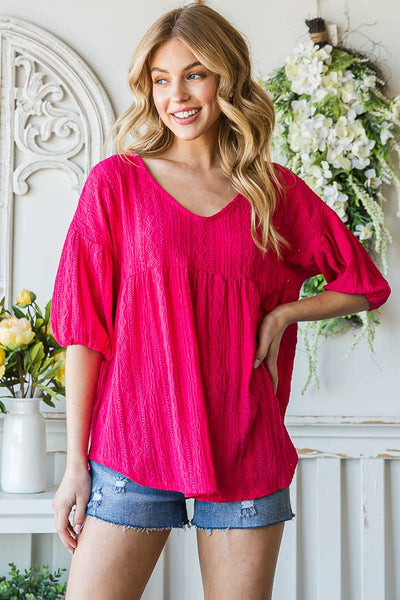 Eyelet Embroidered V-Neck Puff Sleeve Black