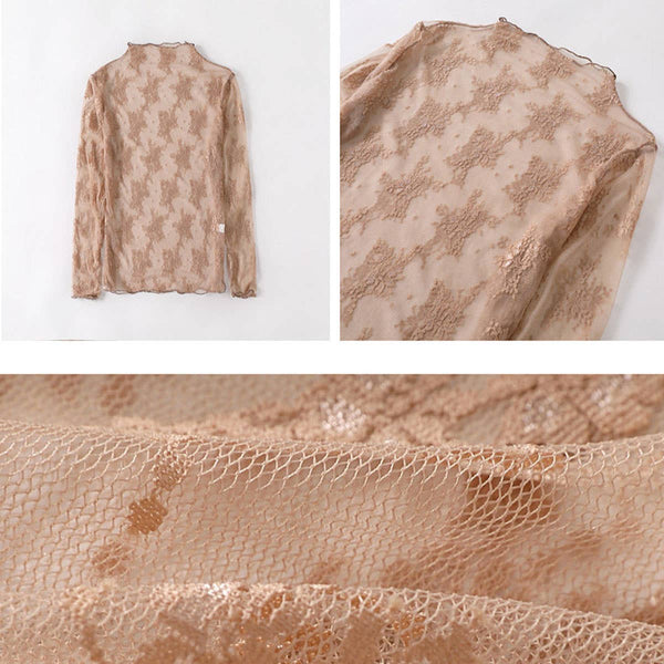 Sheer Lace Mesh Long Sleeve Top Caramel
