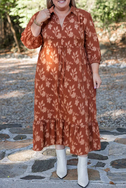 Cinnamon Textured Ruffle Hem Midi Dress