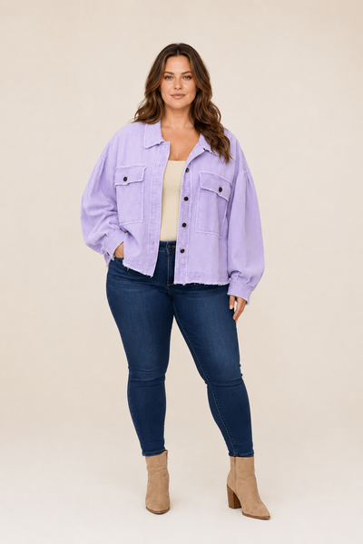 Lavender Raw Hem Oversized Corduroy Jacket