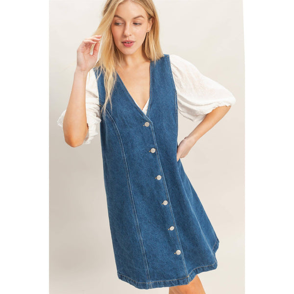 V-Neck Button-Front Denim Dress