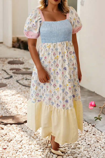 Color Block Patchwork Square Neck Shirred Dress