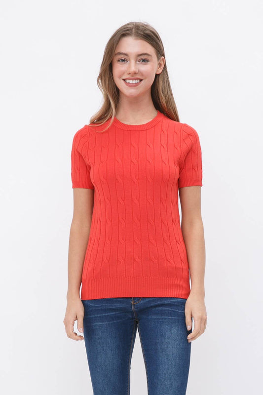 PIPING RED CABLE KNIT TOP*