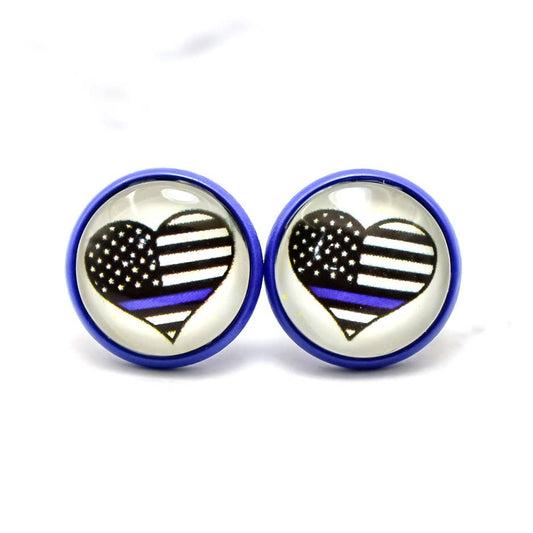 Thin Blue Line Heart Stud Earrings