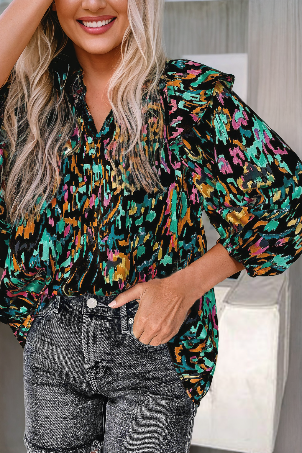 Multicolor Abstract Ruffle Blouse*