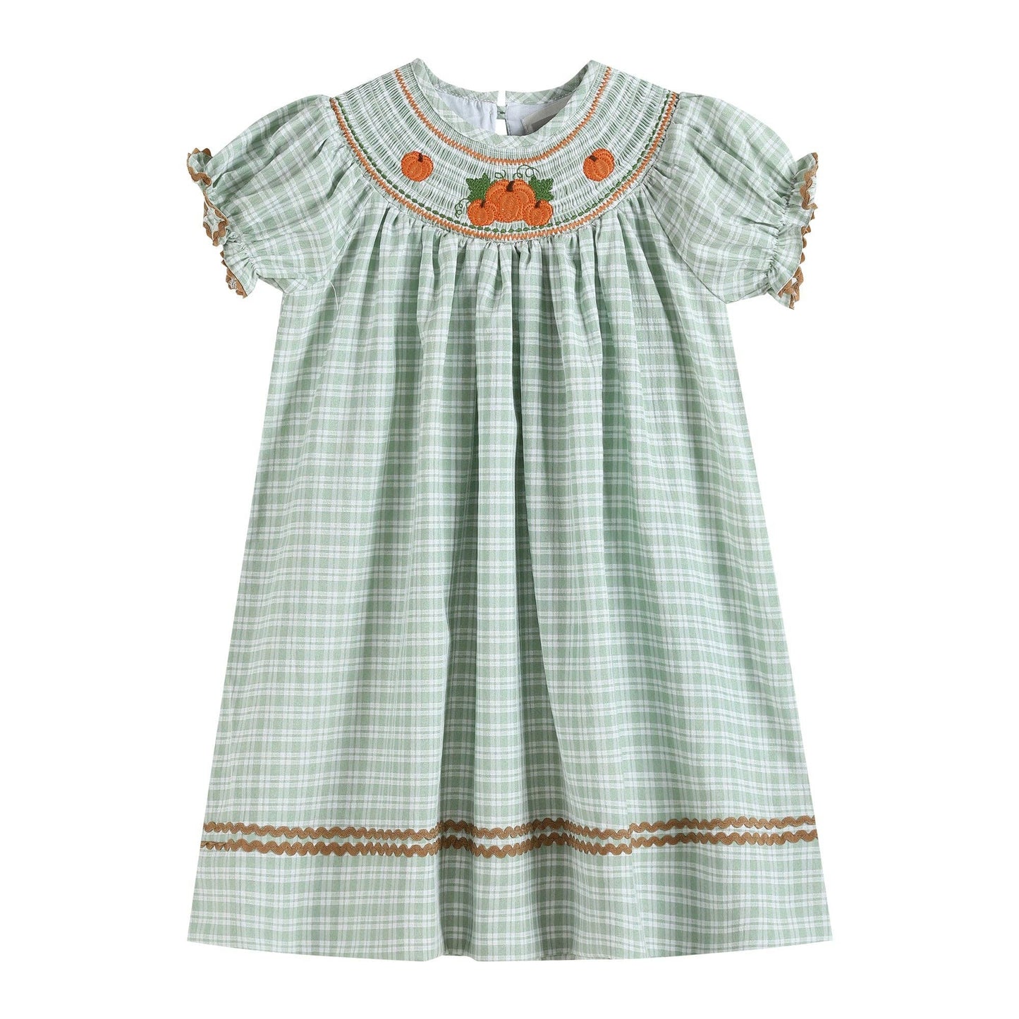 Sage Green Plaid Pumpkin Smocked Bishop Dress*