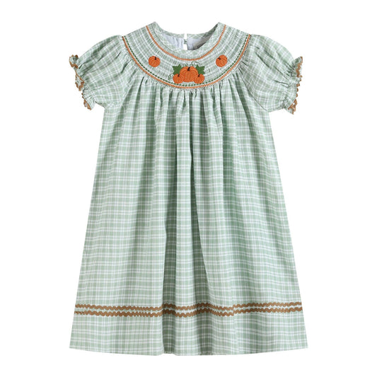 Sage Green Plaid Pumpkin Smocked Bishop Dress*