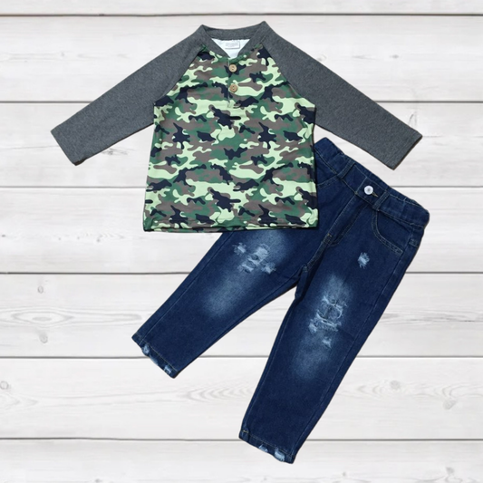 Camo Long Sleeve Shirt w/Distressed Denim