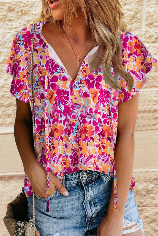 Red Flutter Sleeves Floral Print Top*