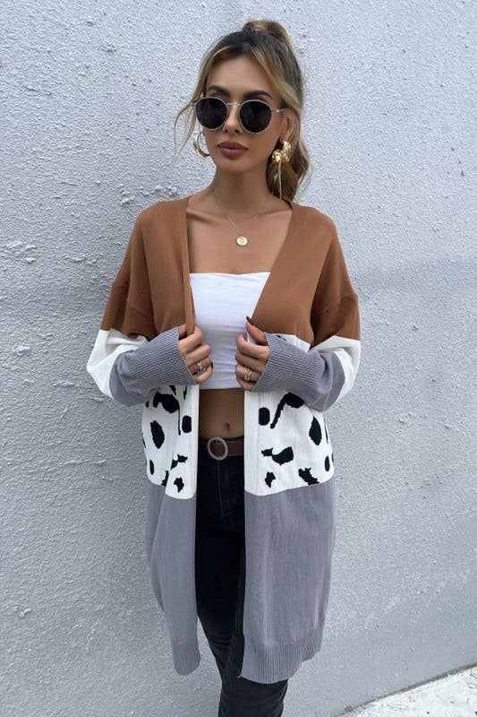 LEOPARD COLOR BLOCK OPEN FRONT CARDIGAN*