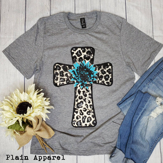 Turquoise Flower Leopard Cross Tee*