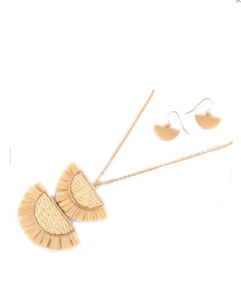 NATURAL DOUBLE HALF MOON RATTAN AND RAFFIA NECKLACE AND EARRING SET