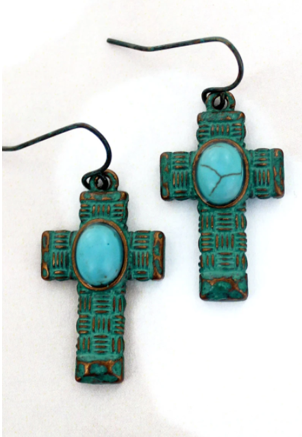 PATINA AND TURQUOISE BASKET WEAVE CROSS EARRINGS