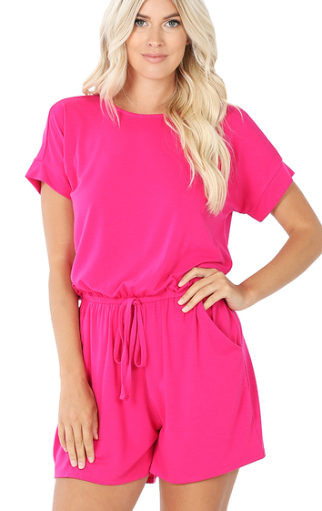 Hot Pink rolled Sleeve Romper