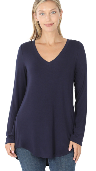 Long Sleeve Solid V-neck*