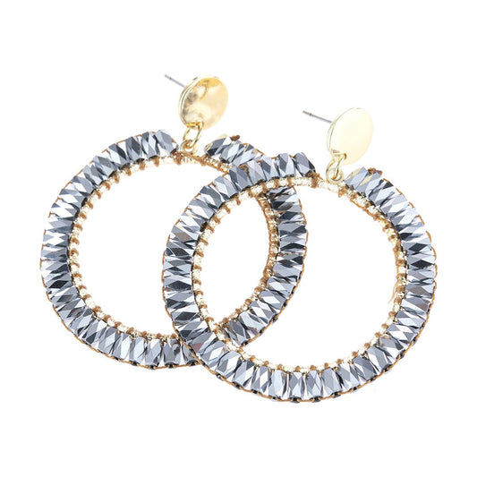 GRAY BEAD LAYERED POST HOOP EARRINGS*