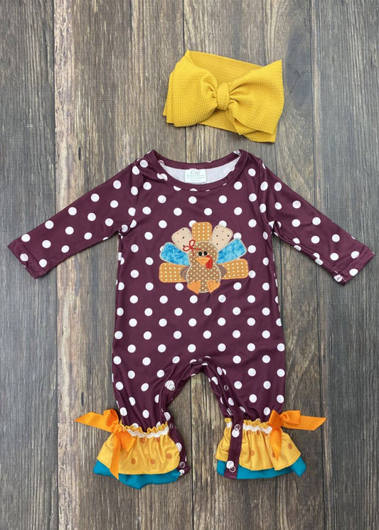 Wine Dots & Colorful Turkey Ruffled Romper