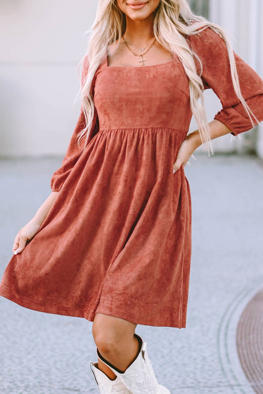 Suede Square Neck Puff Sleeve Dress*