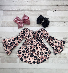 Pink Leopard Print Puff Bell Sleeve Tunic