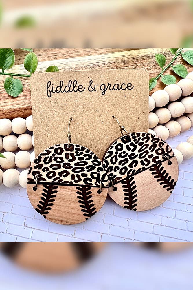 Wooden Round Leopard Baseball Earrings*