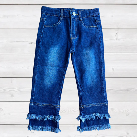 Tiered Fringe Straight Leg Denim Pants