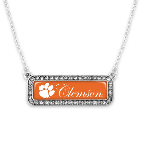 Clemson Tigers Silver Crystal Nameplate Necklace