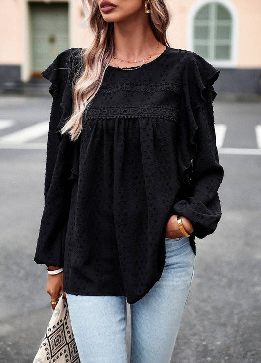 Black Pointelle Ruffle Top*