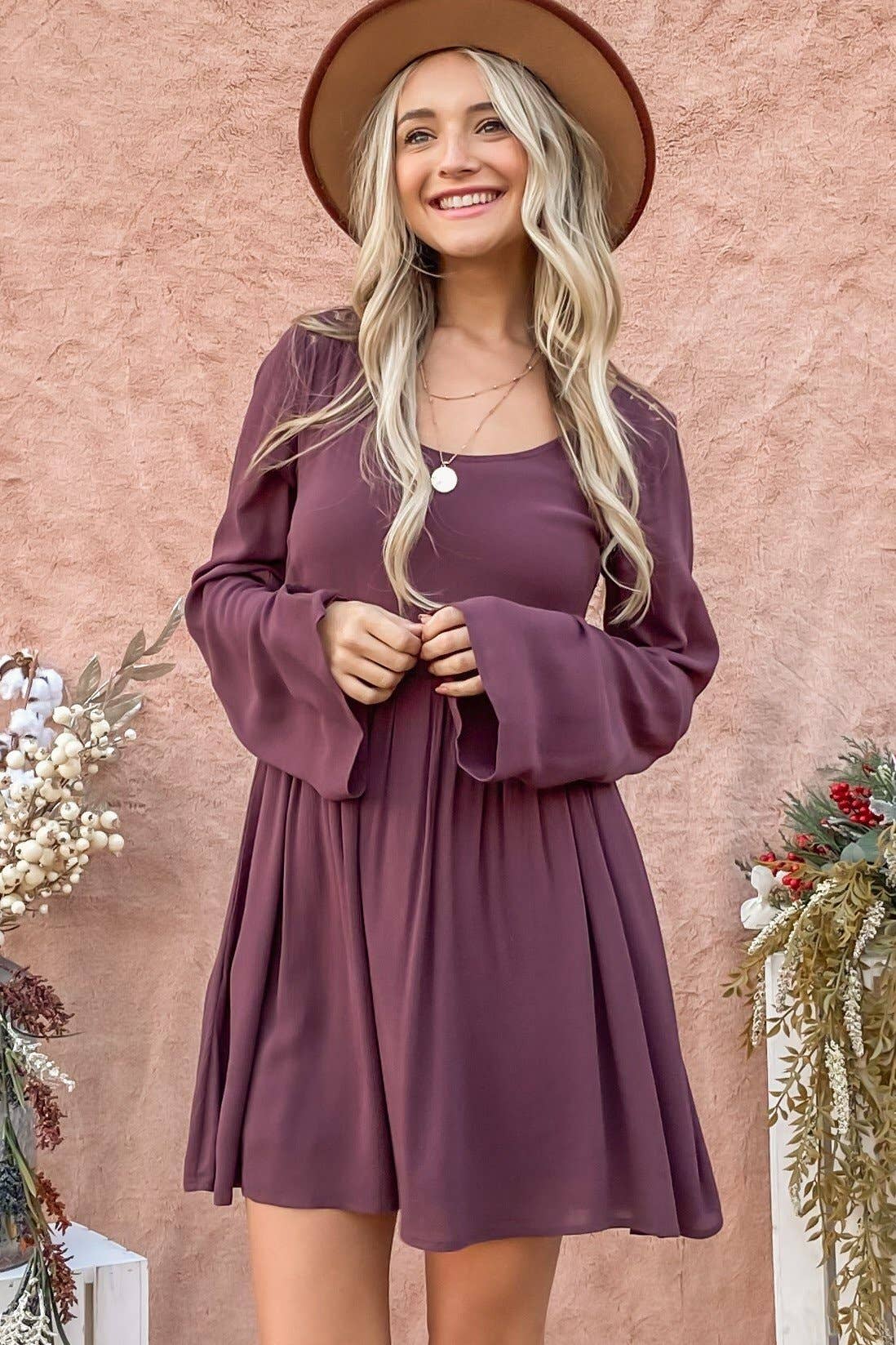 Back Lace Button Down Detail Bell Sleeve Dress*