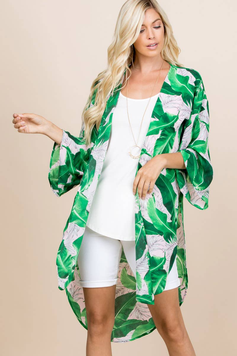 Tropical Green Leaf Printed Kimono